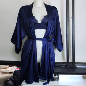 Victoria’s Secret Satin Robe & Bra Set – Navy Blue, Silky Luxe Lingerie Duo